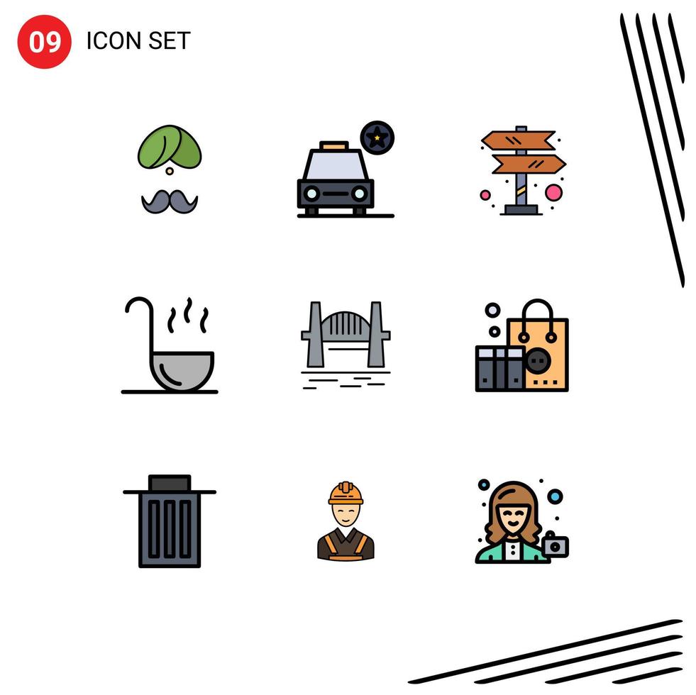 Editable Vector Line Pack of 9 Simple Filledline Flat Colors of spoon kitchen important navigation road trip Editable Vector Design Elements