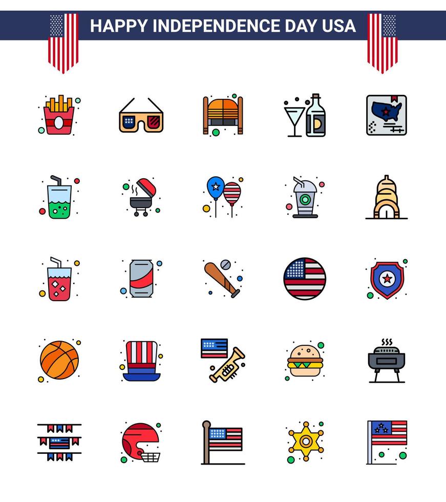 25 USA Flat Filled Line Signs Independence Day Celebration Symbols of american bottle doors american drink Editable USA Day Vector Design Elements