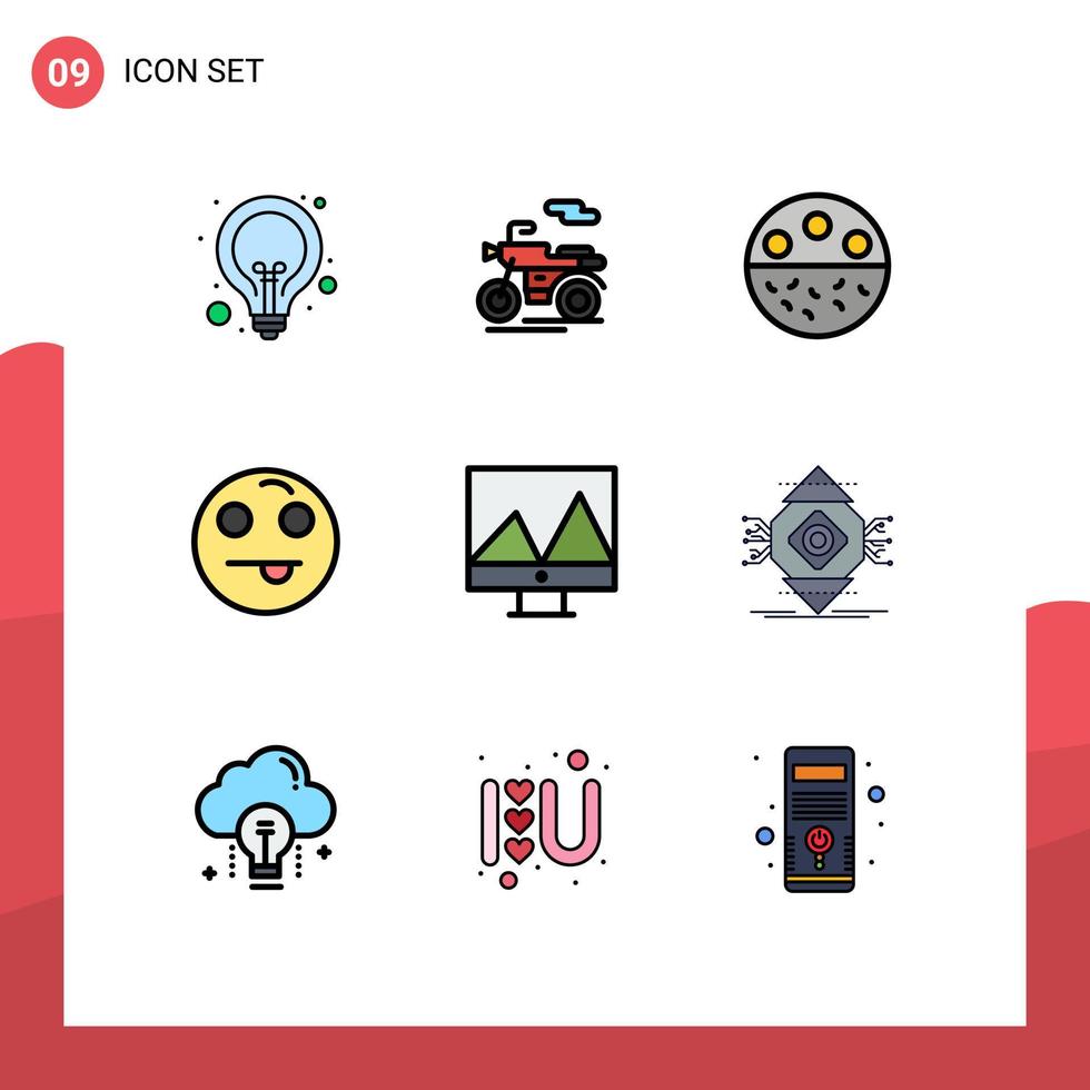Universal Icon Symbols Group of 9 Modern Filledline Flat Colors of display happy bone emot strength Editable Vector Design Elements