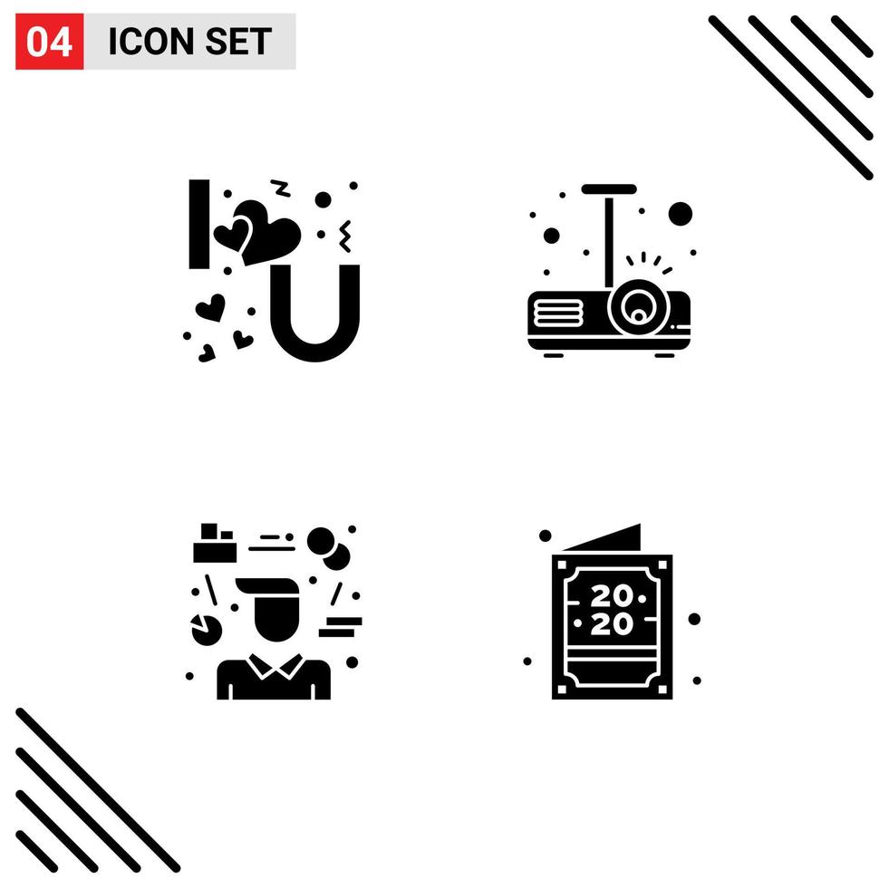 4 Thematic Vector Solid Glyphs and Editable Symbols of heart lettering person you projector consultant Editable Vector Design Elements