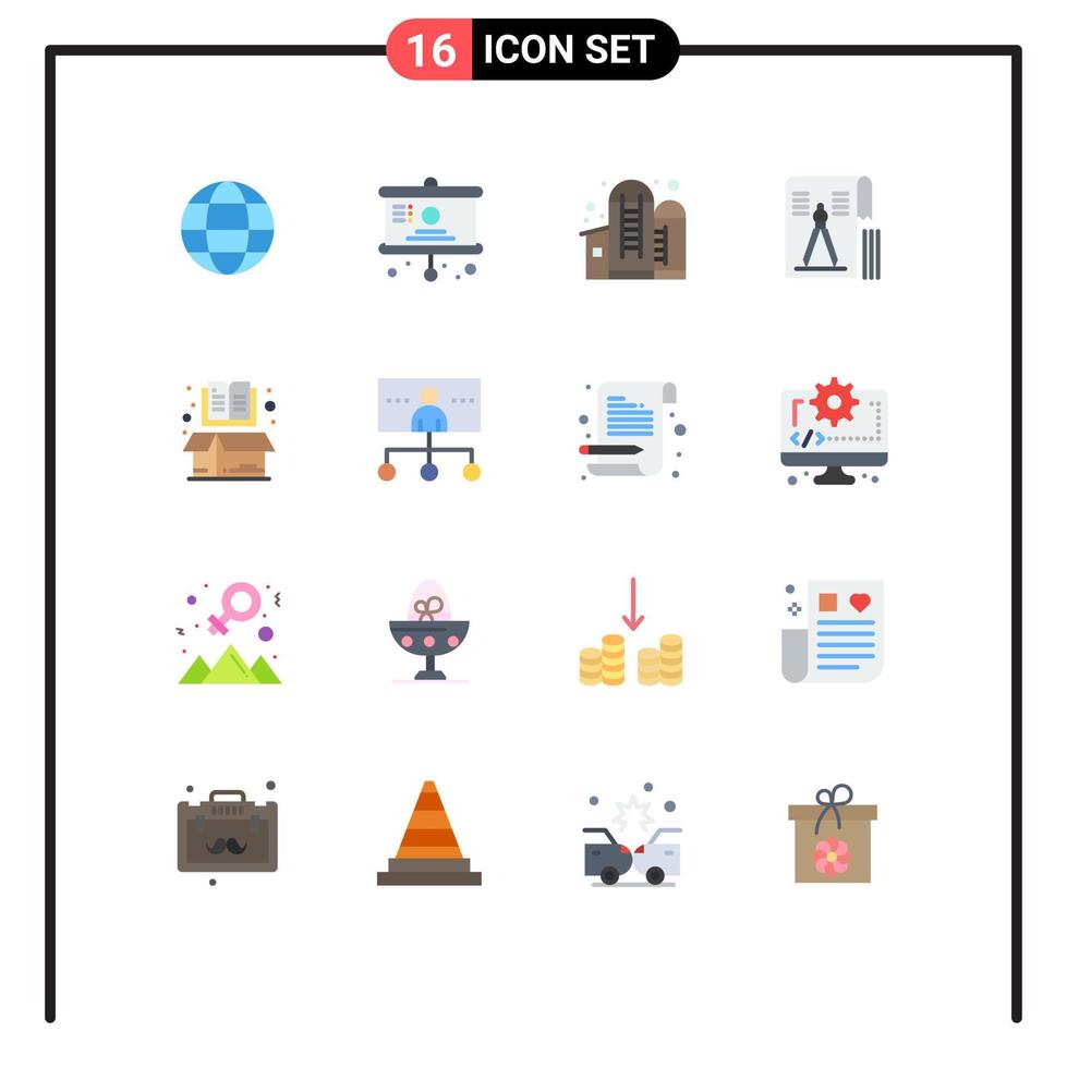 16 signos universales de color plano símbolos de geometría de contenedor de archivo de caja dibujo paquete editable de elementos creativos de diseño de vectores