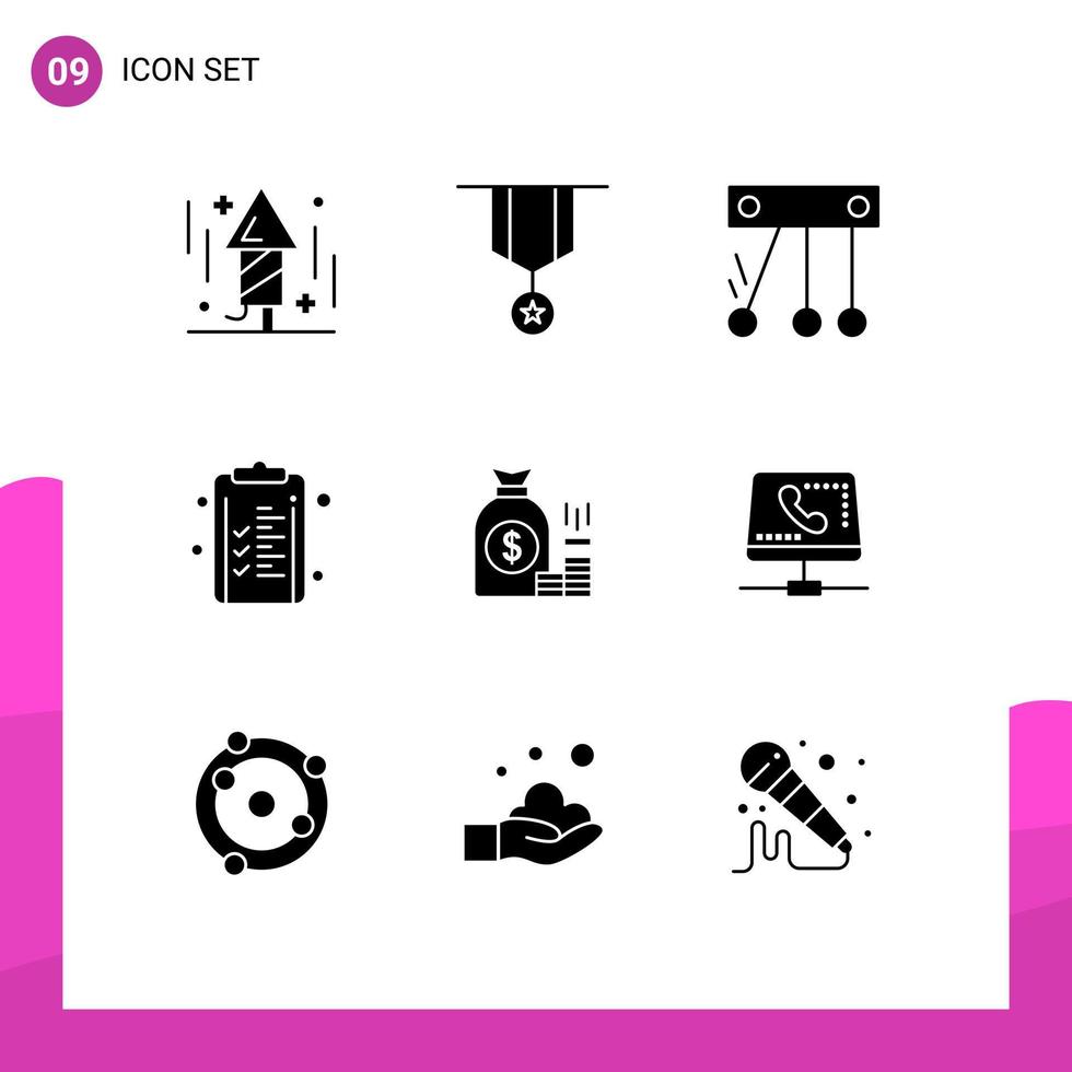 Group of 9 Solid Glyphs Signs and Symbols for bag finance star clipboard business Editable Vector Design Elements