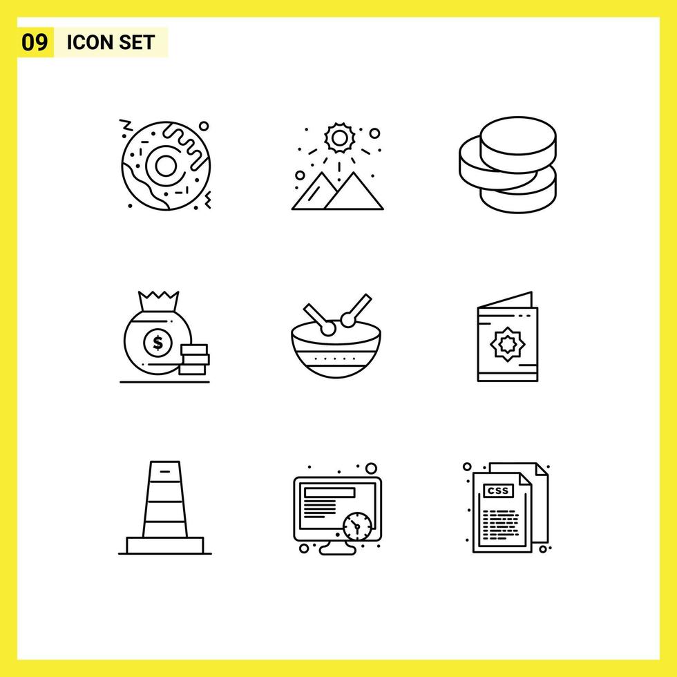 9 Outline concept for Websites Mobile and Apps parade instrument coins drum money Editable Vector Design Elements