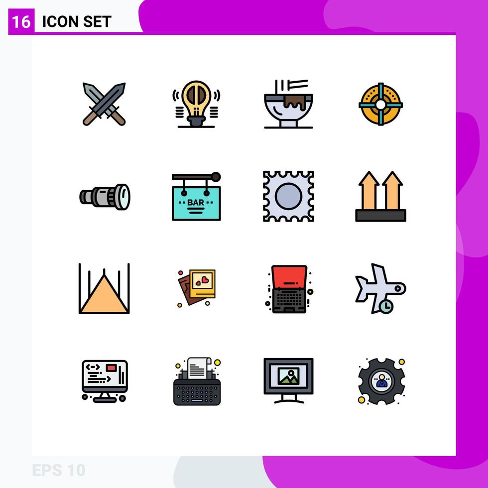 Pack of 16 creative Flat Color Filled Lines of cam strategy bowl arrow kitchen Editable Creative Vector Design Elements