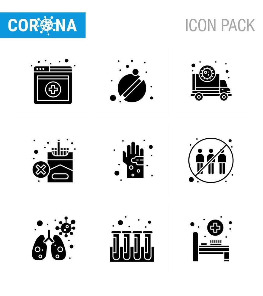 Covid19 Protection CoronaVirus Pendamic 9 Solid Glyph Black icon set such as dirty cigarette corona smoking forbidden viral coronavirus 2019nov disease Vector Design Elements