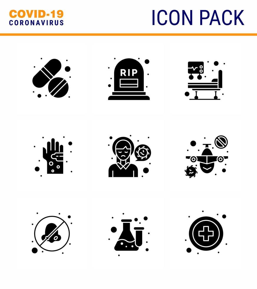 Coronavirus Prevention Set Icons 9 Solid Glyph Black icon such as head hygiene hospital bed hand dirty viral coronavirus 2019nov disease Vector Design Elements