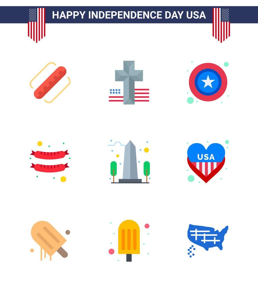 Happy Independence Day 4th July Set of 9 Flats American Pictograph of usa monument police landmark frankfurter Editable USA Day Vector Design Elements