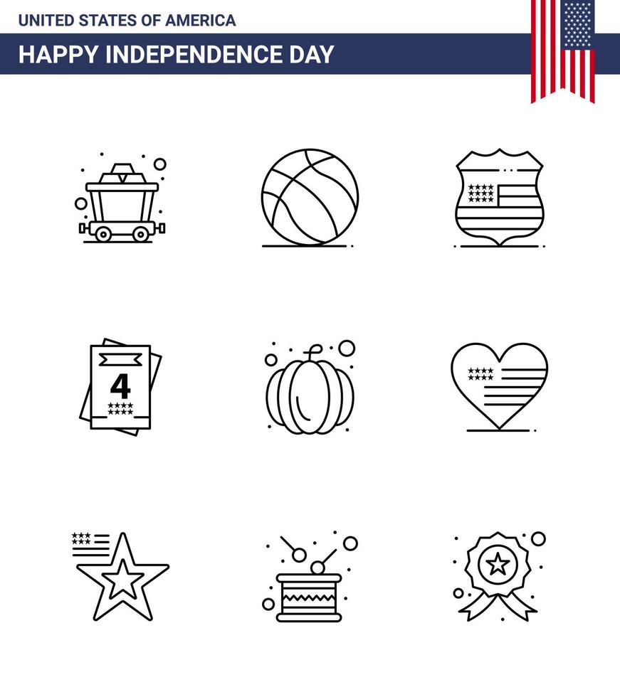 9 USA Line Pack of Independence Day Signs and Symbols of heart pumpkin sign american love Editable USA Day Vector Design Elements