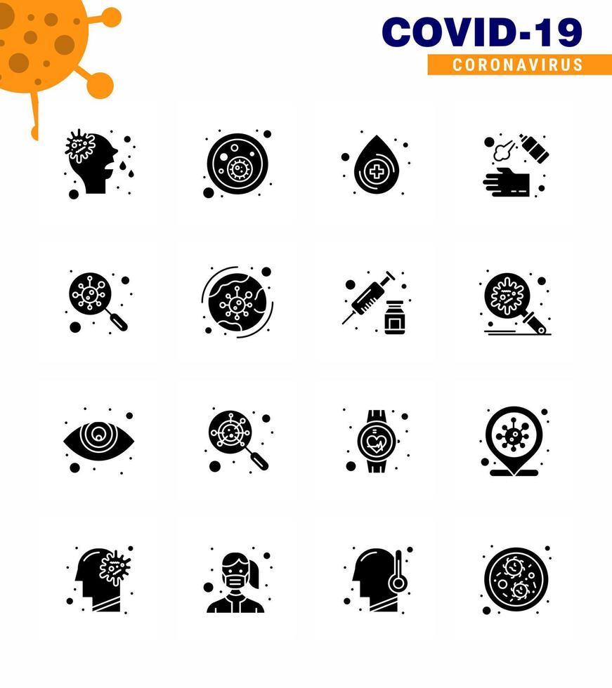 16 Solid Glyph Black viral Virus corona icon pack such as find wash blood soap cleaning viral coronavirus 2019nov disease Vector Design Elements