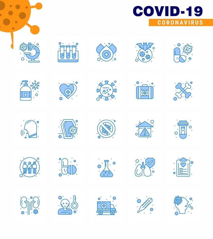 Coronavirus Prevention Set Icons 25 Blue icon such as capsule virus drop disease corona viral coronavirus 2019nov disease Vector Design Elements