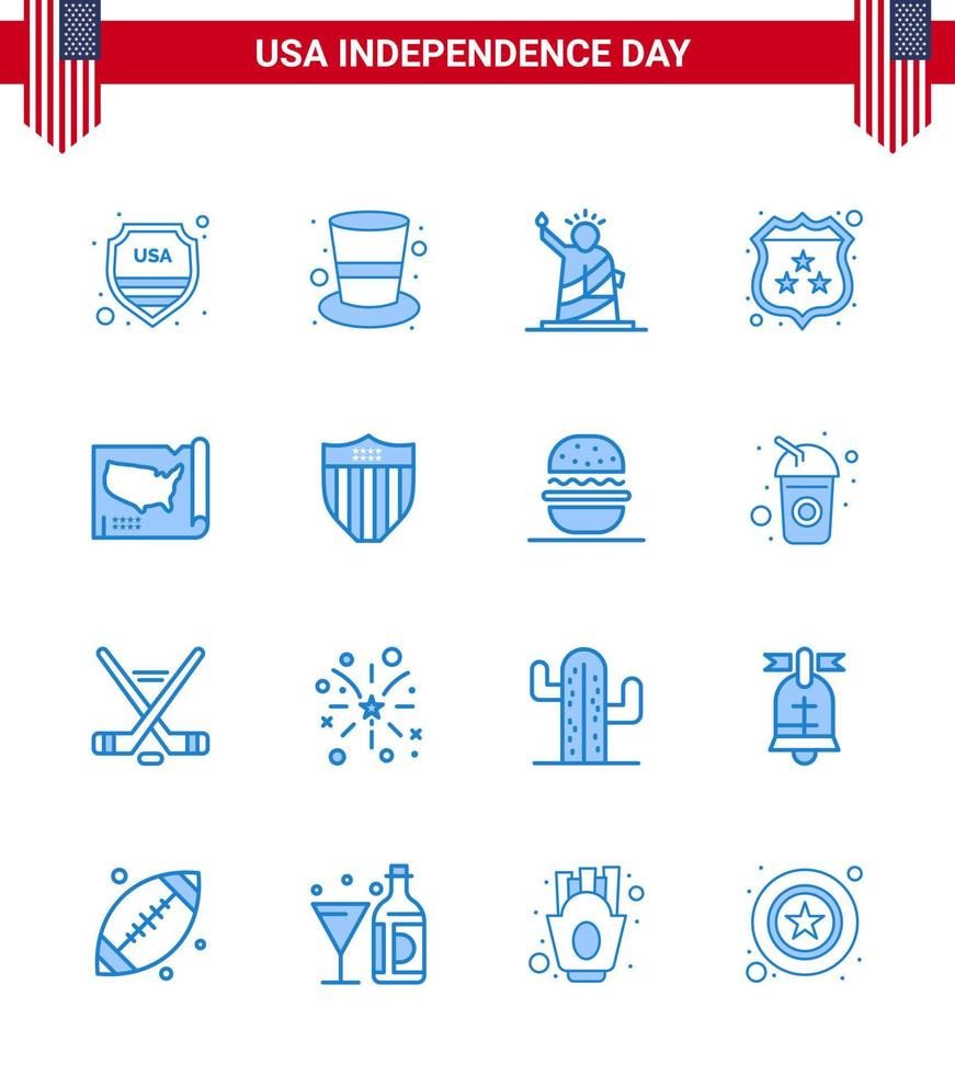 USA Happy Independence DayPictogram Set of 16 Simple Blues of map shield landmarks security usa Editable USA Day Vector Design Elements
