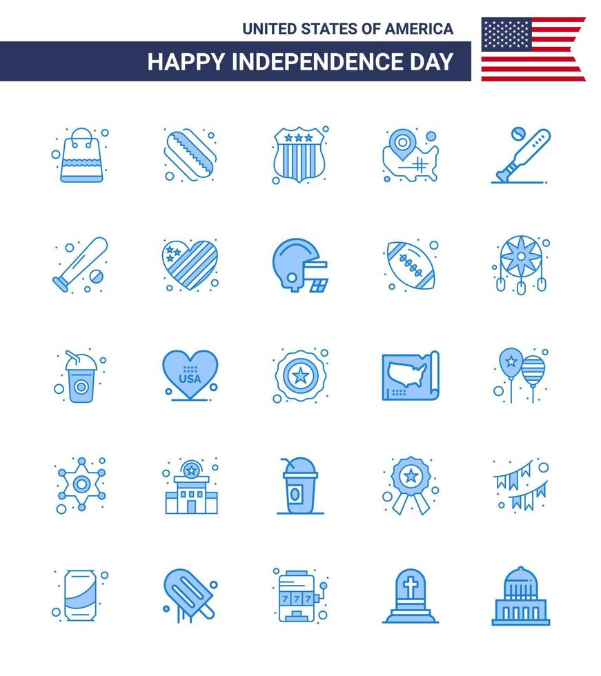 USA Happy Independence DayPictogram Set of 25 Simple Blues of bat ball investigating location pin usa Editable USA Day Vector Design Elements