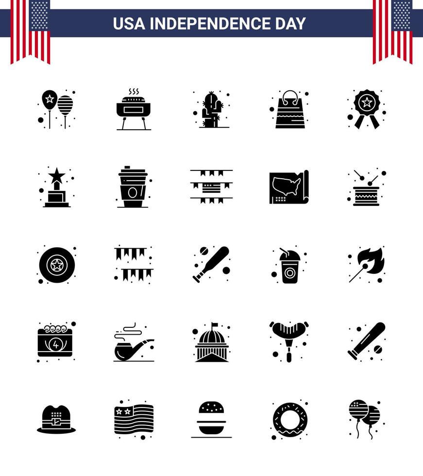 Editable Vector Solid Glyph Pack of USA Day 25 Simple Solid Glyph of badge packages holiday money desert Editable USA Day Vector Design Elements