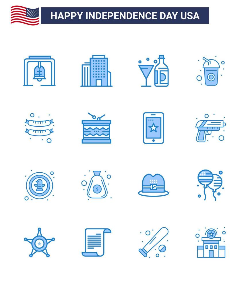 16 Creative USA Icons Modern Independence Signs and 4th July Symbols of frankfurter soda wine drink bottle Editable USA Day Vector Design Elements