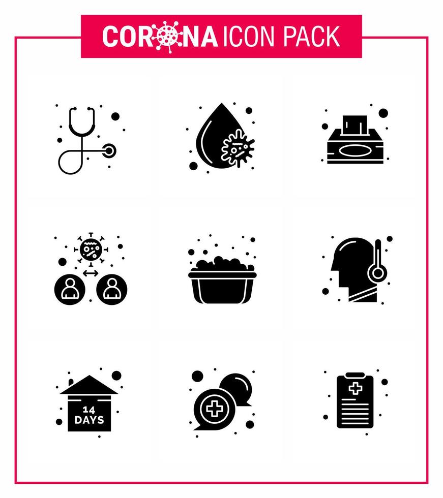 Coronavirus Prevention Set Icons 9 Solid Glyph Black icon such as hand washing virus napkin transmission man viral coronavirus 2019nov disease Vector Design Elements