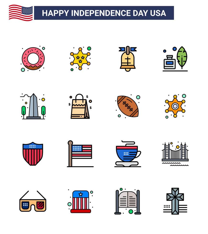 grupo de 16 líneas rellenas planas establecidas para el día de la independencia de los estados unidos de américa, como el anillo de punto de referencia de la vista pluma americana elementos de diseño vectorial del día de estados unidos editables vector