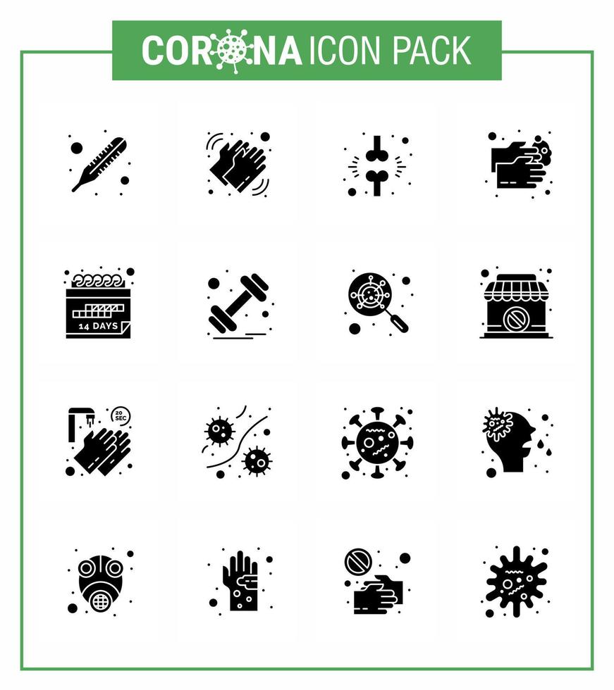 paquete de iconos de corona de virus viral negro de 16 glifos sólidos, como lavado de agua hueso cuidado de la salud paciente coronavirus viral 2019nov enfermedad vector elementos de diseño