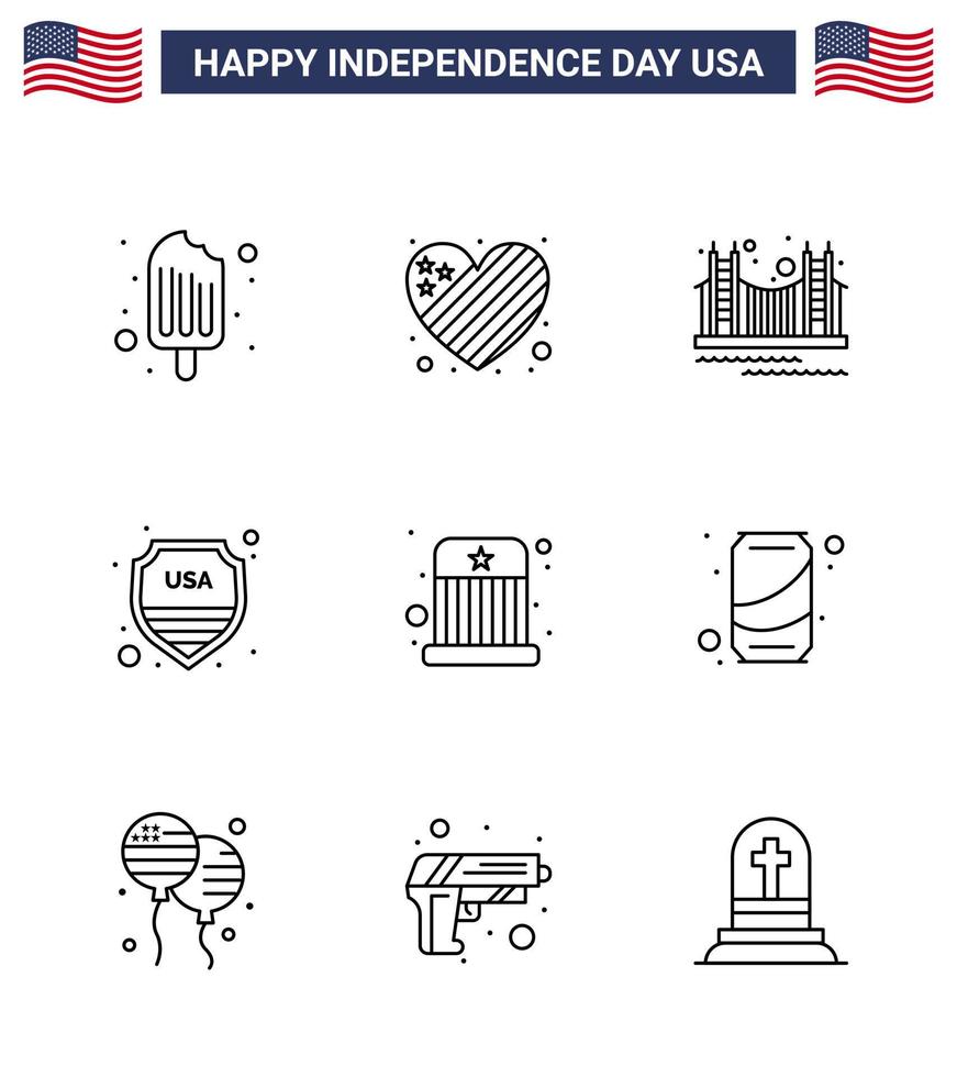 paquete de iconos de vector de stock de día americano 9 signos y símbolos de línea para estados unidos escudo puente seguridad turismo elementos de diseño de vector de día de estados unidos editables