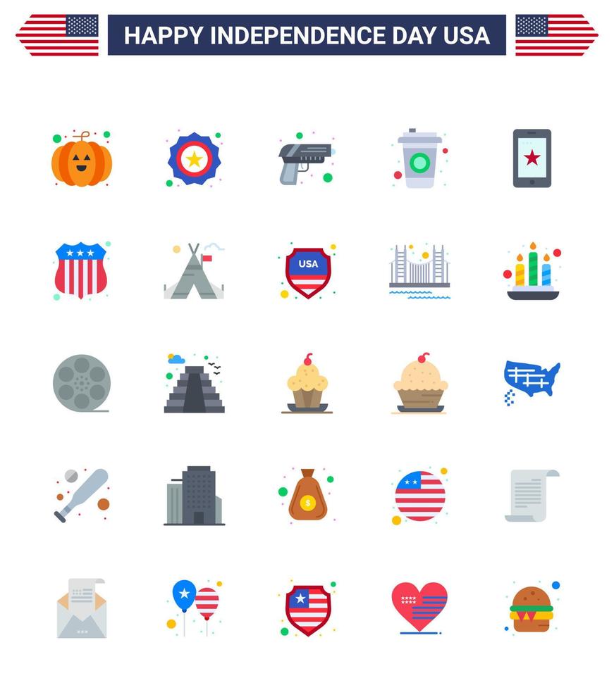 25 USA Flat Pack of Independence Day Signs and Symbols of ireland phone security mobile cola Editable USA Day Vector Design Elements