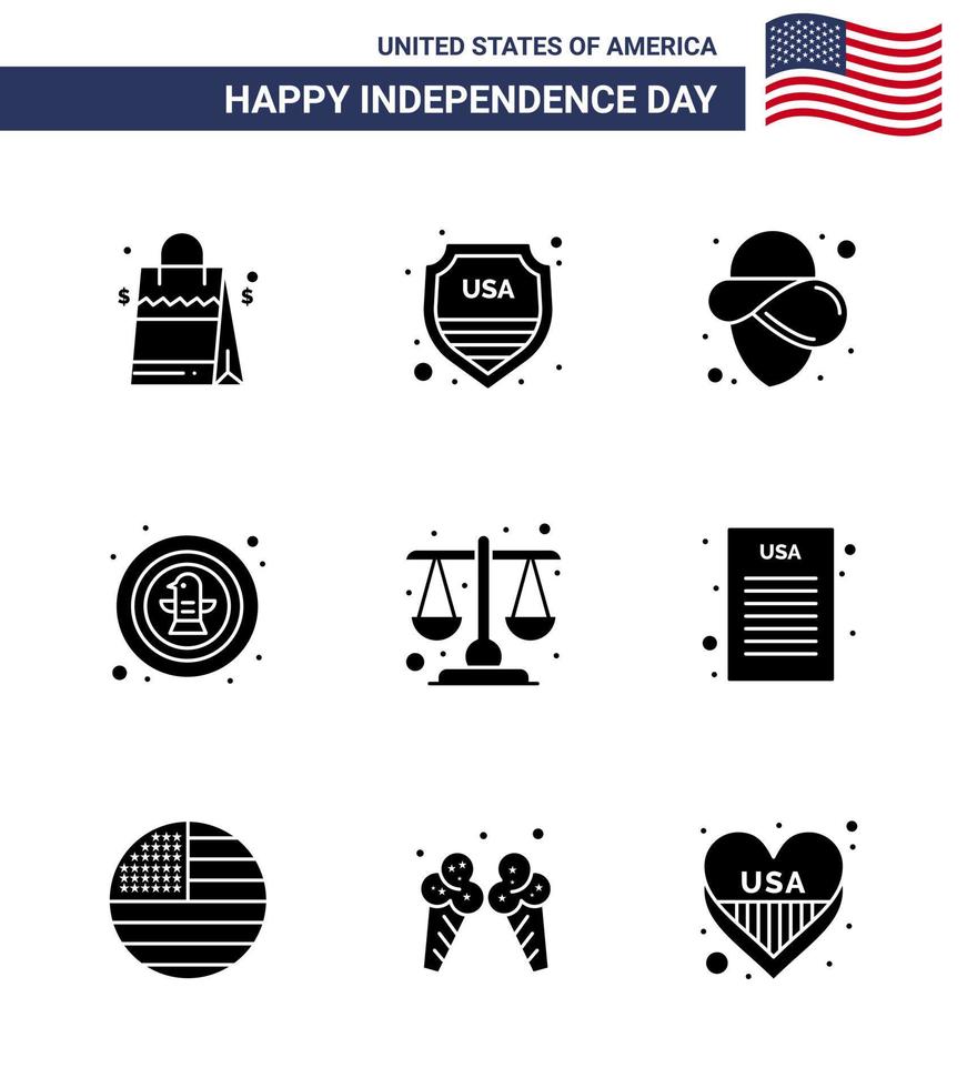 Editable Vector Line Pack of USA Day 9 Simple Solid Glyphs of justice badge usa eagle bird Editable USA Day Vector Design Elements
