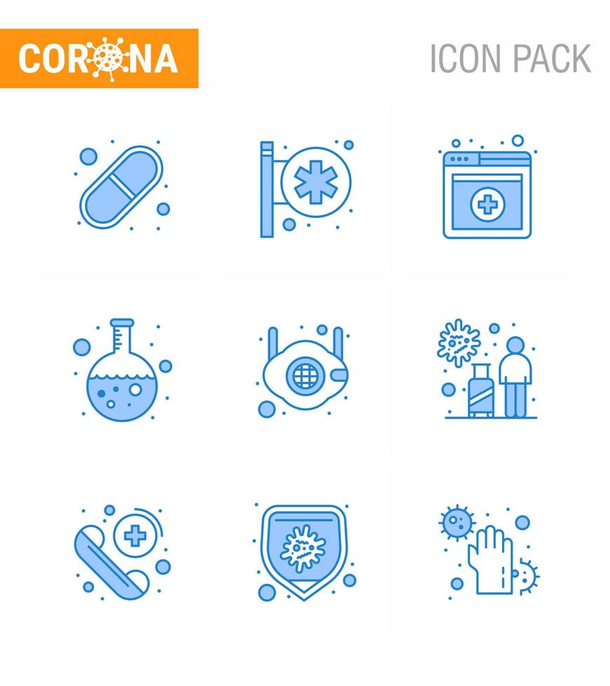 Corona virus 2019 and 2020 epidemic 9 Blue icon pack such as medical face medical research flask viral coronavirus 2019nov disease Vector Design Elements