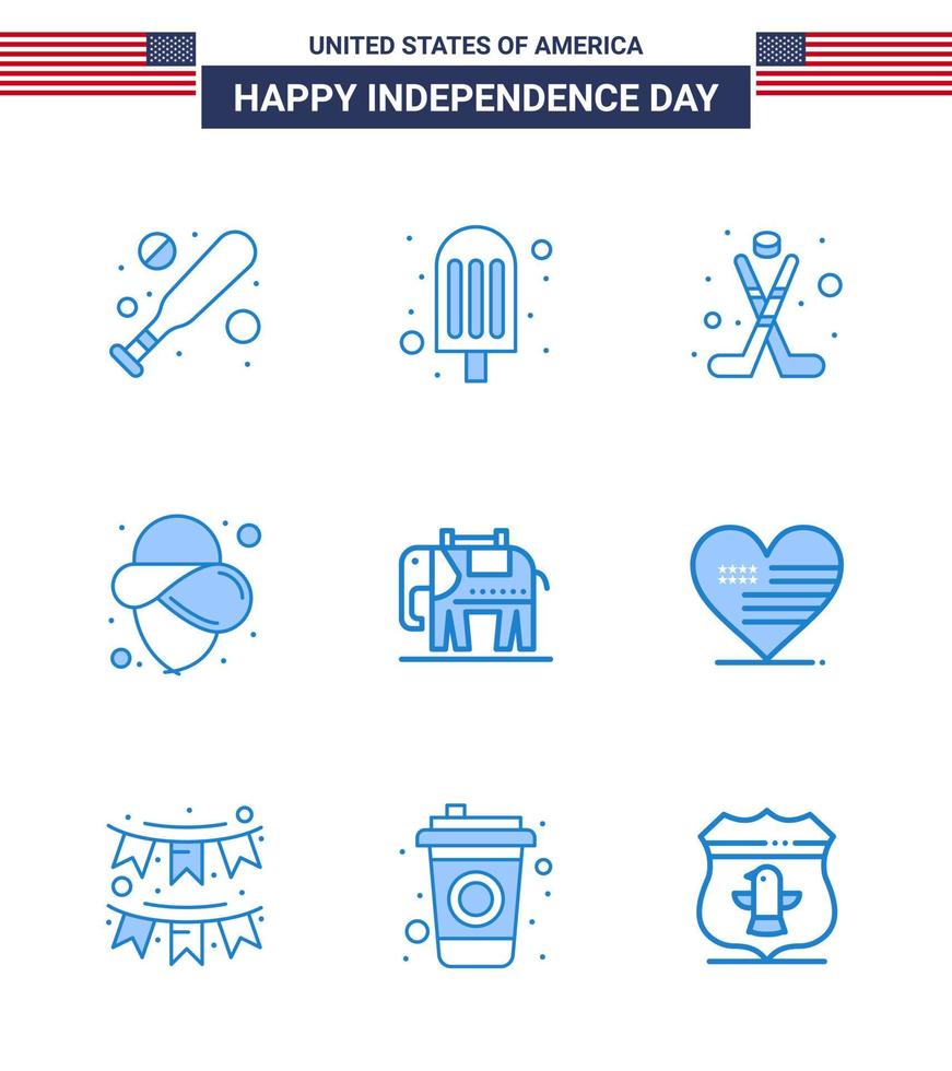 4th July USA Happy Independence Day Icon Symbols Group of 9 Modern Blues of love usa ice american hat Editable USA Day Vector Design Elements