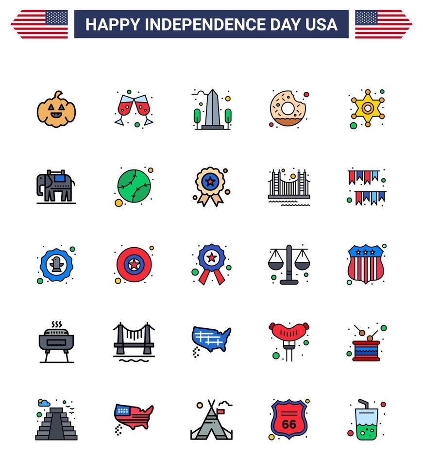 4th July USA Happy Independence Day Icon Symbols Group of 25 Modern Flat Filled Lines of star men sight food round Editable USA Day Vector Design Elements
