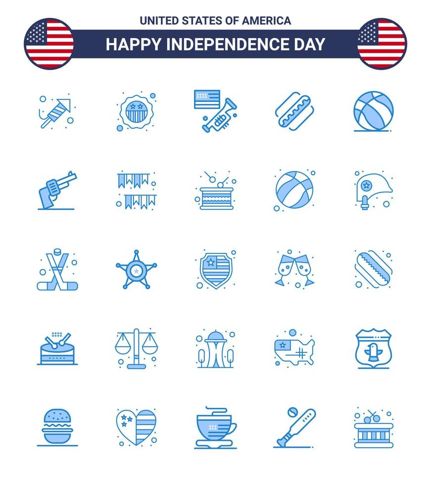 paquete de 25 signos de blues de celebración del día de la independencia de EE. UU. Y símbolos del 4 de julio, como la bandera de los estados de pelota, hot dog america, elementos de diseño vectorial editables del día de EE. UU. vector