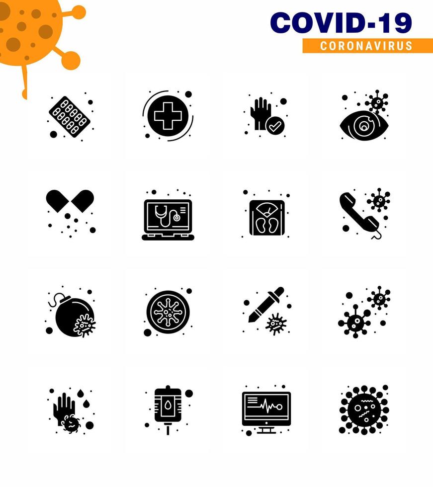 Novel Coronavirus 2019nCoV 16 Solid Glyph Black icon pack medical pills virus infected hand view eye viral coronavirus 2019nov disease Vector Design Elements