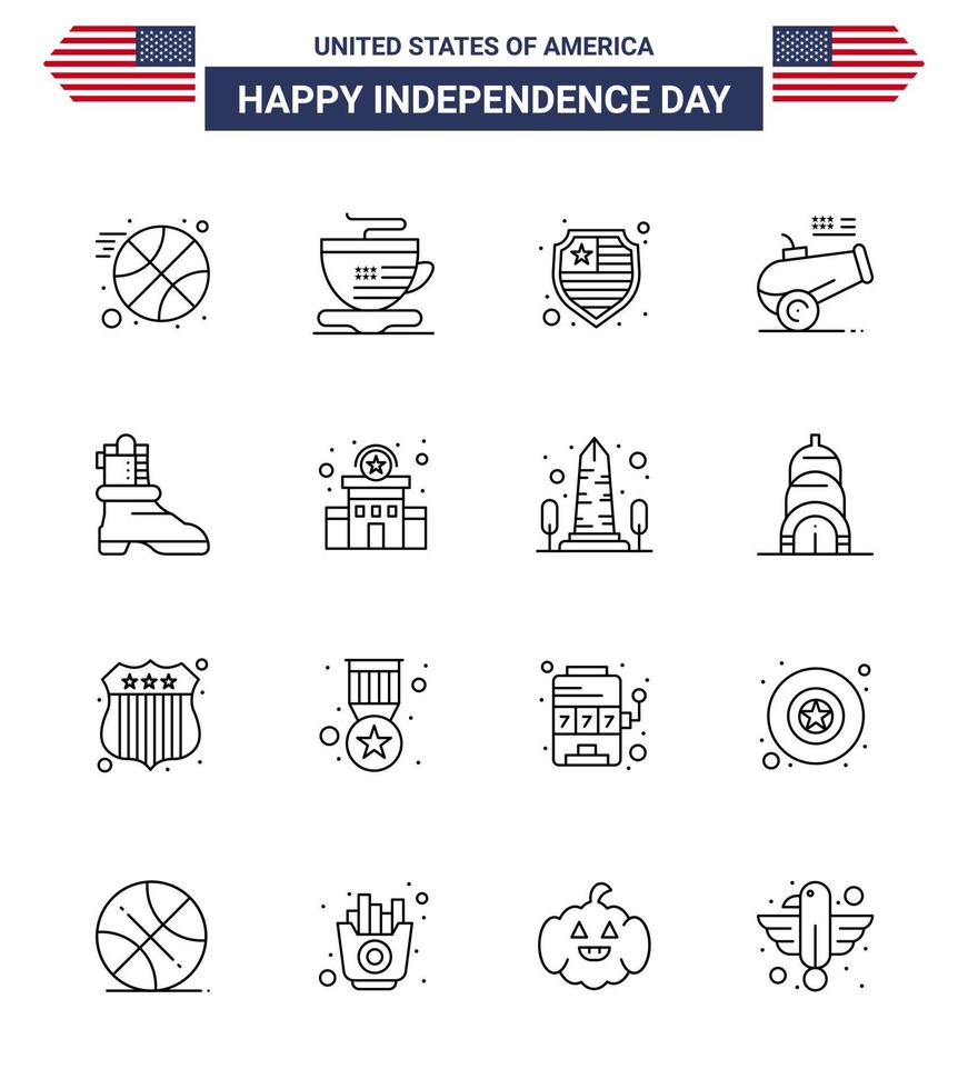 16 USA Line Signs Independence Day Celebration Symbols of police american shield boot mortar Editable USA Day Vector Design Elements