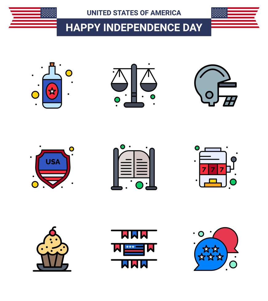 Set of 9 Modern Flat Filled Lines pack on USA Independence Day day doors football bar sign Editable USA Day Vector Design Elements