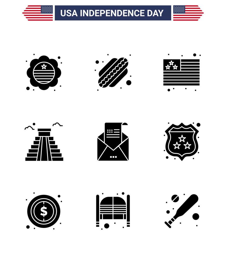 Happy Independence Day USA Pack of 9 Creative Solid Glyphs of invitation envelope flag email american Editable USA Day Vector Design Elements