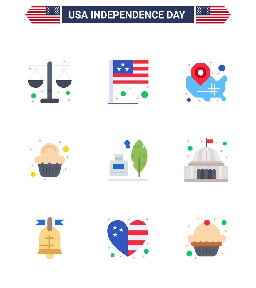 Set of 9 Modern Flats pack on USA Independence Day adobe sweet map party location pin Editable USA Day Vector Design Elements