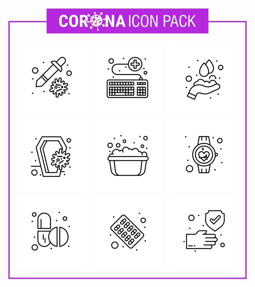 Novel Coronavirus 2019nCoV 9 Line icon pack skull death survice coronavirus washing viral coronavirus 2019nov disease Vector Design Elements