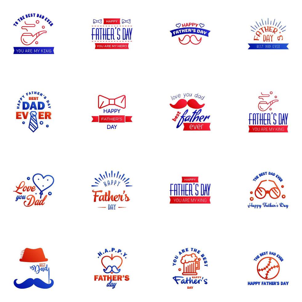 Fathers Day Lettering 16 Blue and red Calligraphic Emblems Badges Set Isolated on Dark Blue Happy Fathers Day Best Dad Love You Dad Inscription Vector Design Elements For Greeting Card and Other