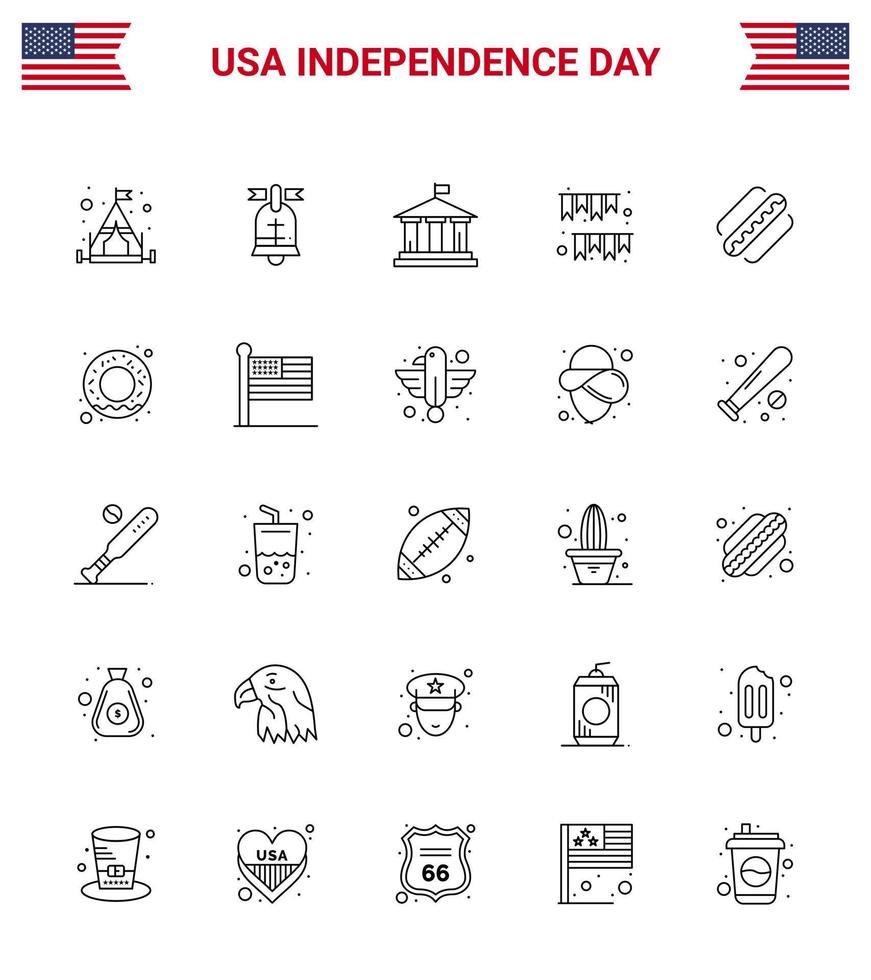 Pack of 25 USA Independence Day Celebration Lines Signs and 4th July Symbols such as american party flag decoration garland Editable USA Day Vector Design Elements