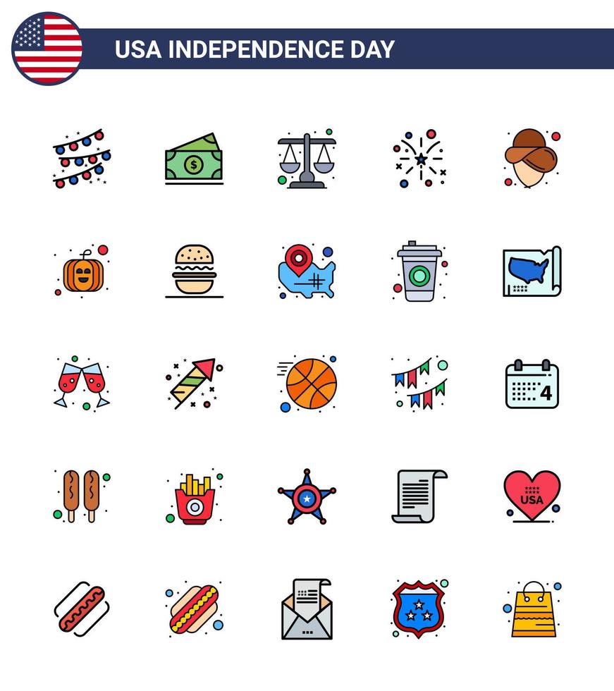 Group of 25 Flat Filled Lines Set for Independence day of United States of America such as hat usa justice usa fire Editable USA Day Vector Design Elements
