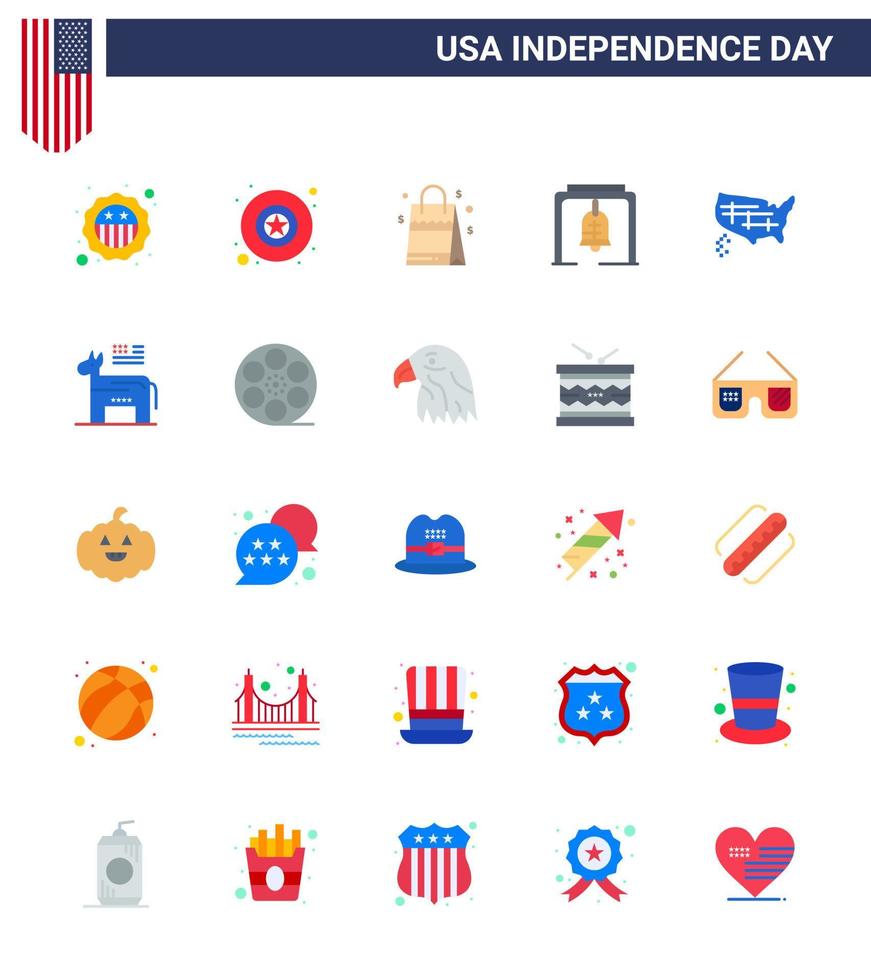 Pack of 25 USA Independence Day Celebration Flats Signs and 4th July Symbols such as united map handbag church bell bell Editable USA Day Vector Design Elements