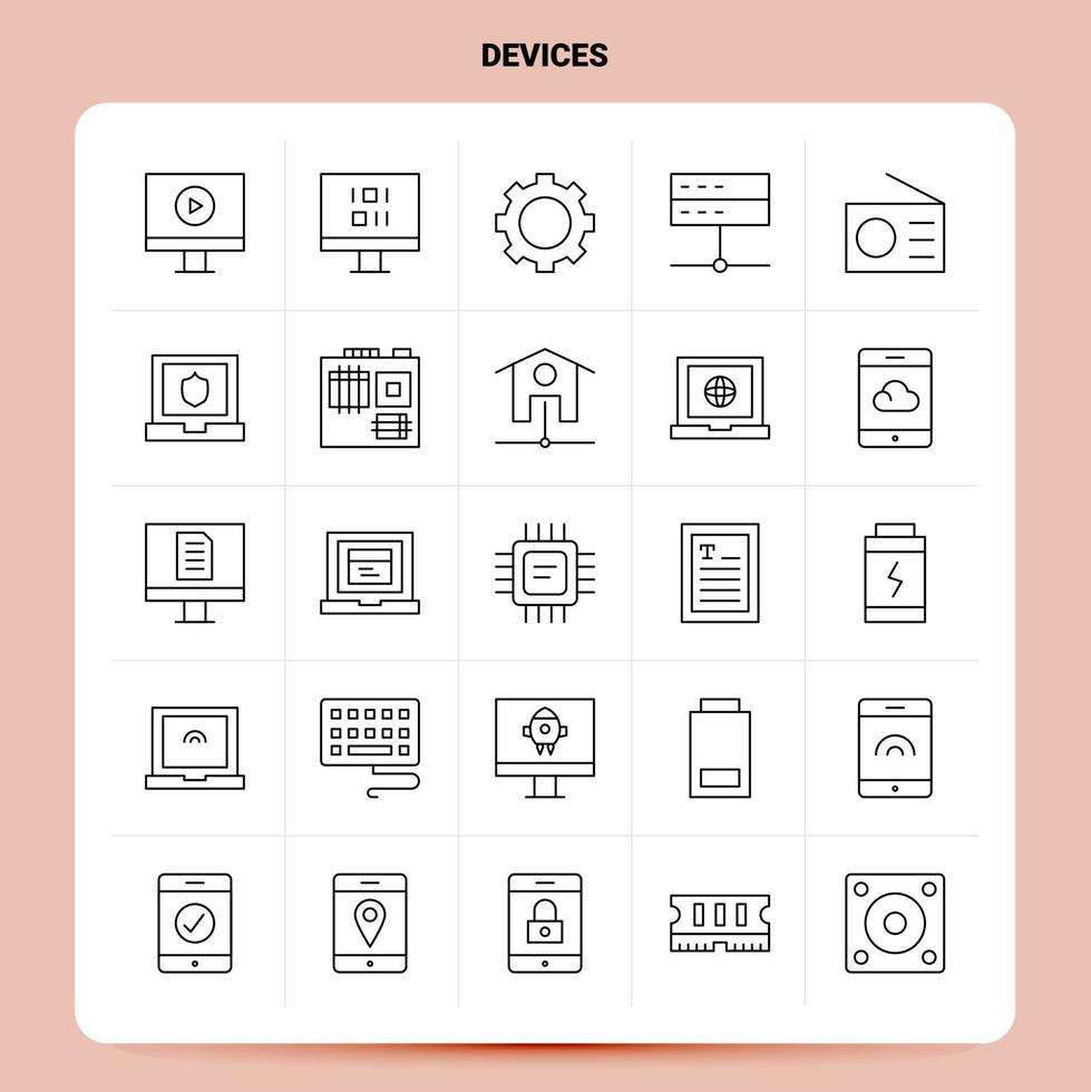 OutLine 25 Devices Icon set Vector Line Style Design Black Icons Set Linear pictogram pack Web and Mobile Business ideas design Vector Illustration