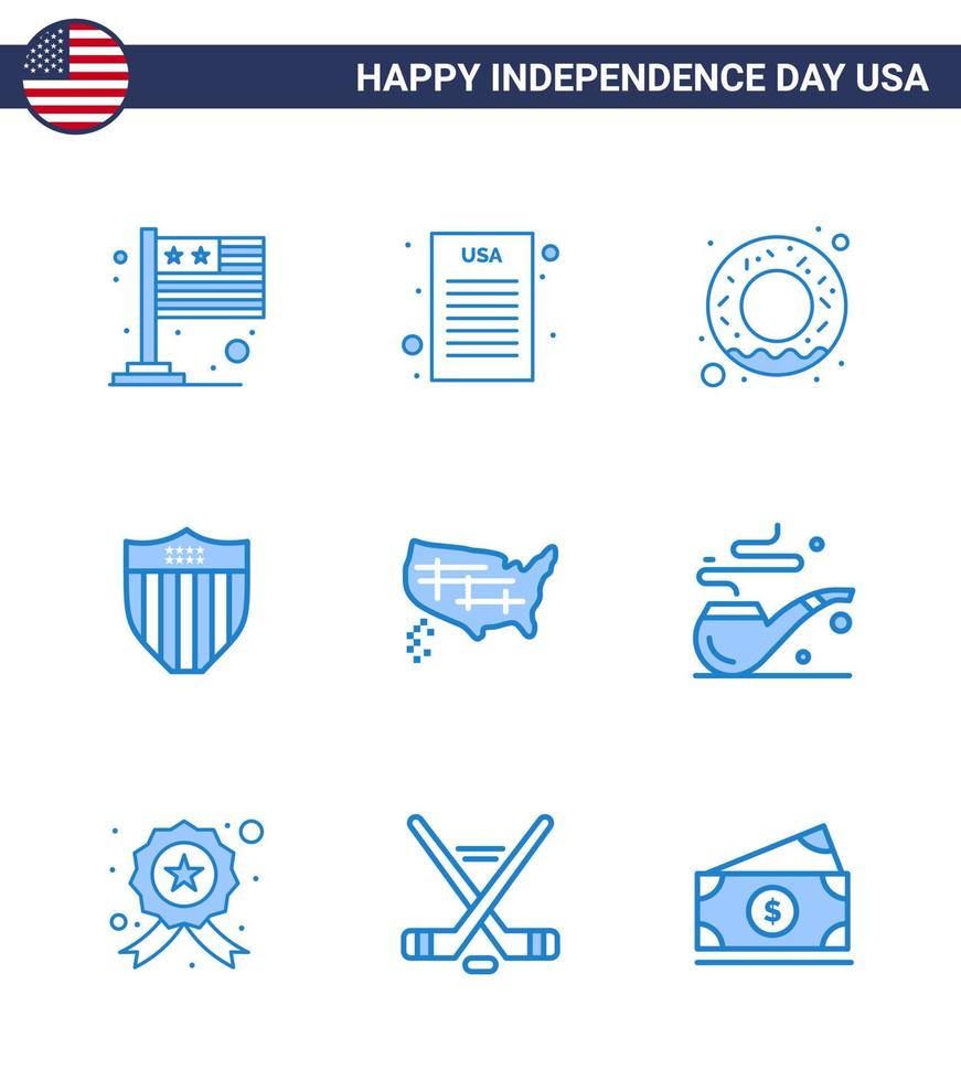 Happy Independence Day USA Pack of 9 Creative Blues of usa states food map seurity Editable USA Day Vector Design Elements