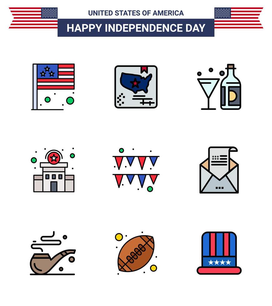 usa feliz día de la independencia pictograma conjunto de 9 líneas planas simples llenas de estación de festival bebida policía vidrio editable usa día elementos de diseño vectorial vector