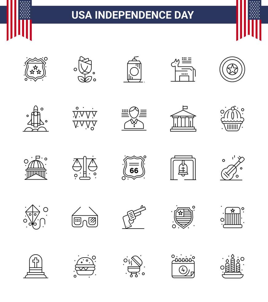 paquete de iconos de vector de stock de día americano 25 signos y símbolos de línea para símbolo de independencia botella burro político elementos de diseño de vector de día de estados unidos editables