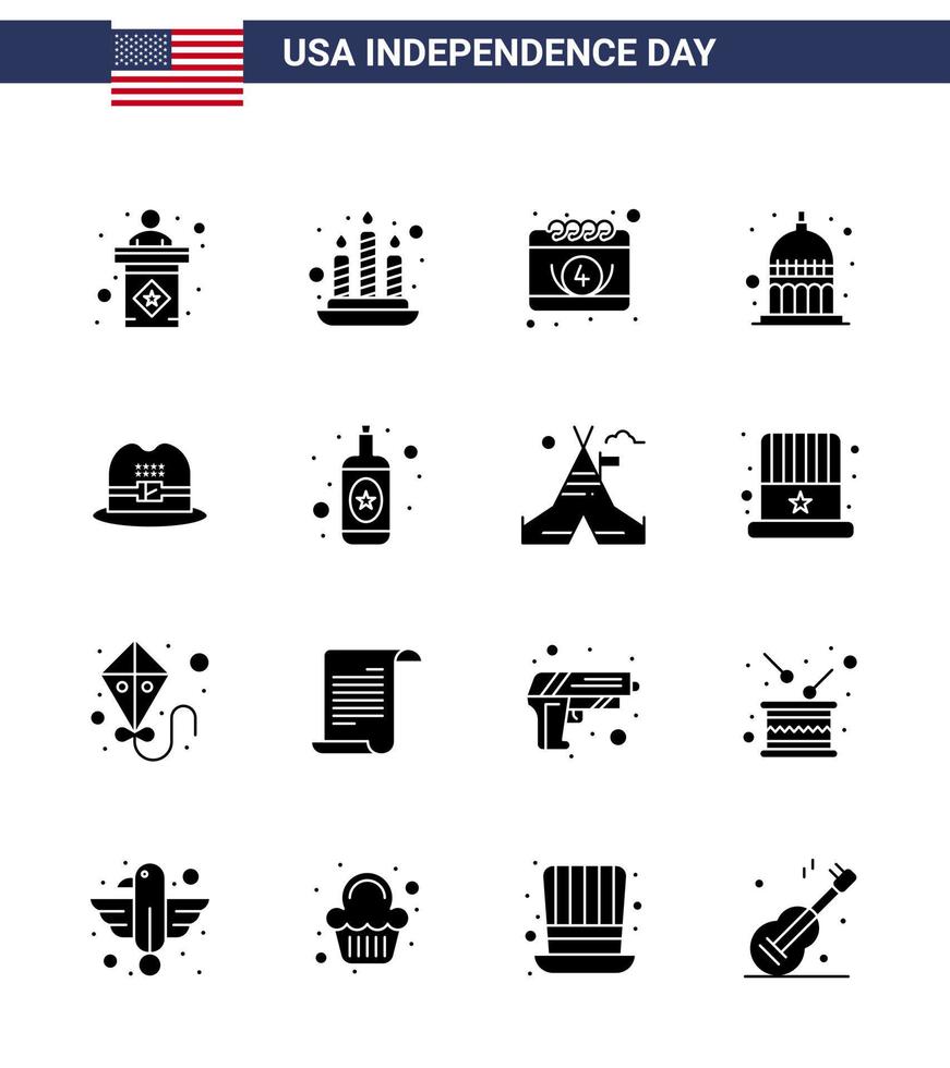 paquete de glifos sólidos de 16 símbolos del día de la independencia de estados unidos del calendario de sombrero americano estados unidos indianapolis elementos de diseño vectorial editables del día de estados unidos vector