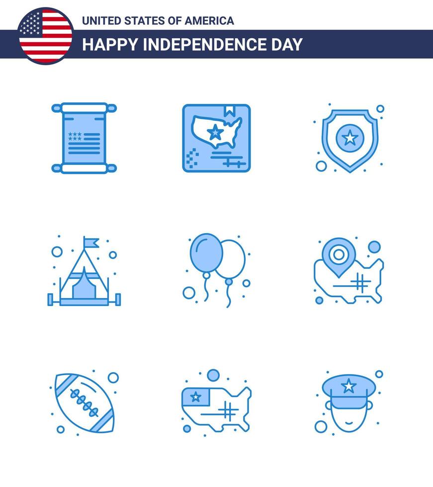 feliz día de la independencia paquete de 9 signos y símbolos de blues para globos de día escudo tienda campamento elementos de diseño de vector de día de estados unidos editables