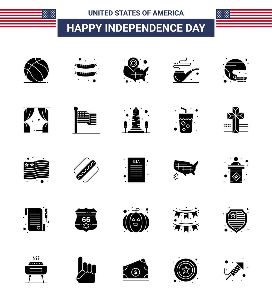 Modern Set of 25 Solid Glyph and symbols on USA Independence Day such as helmet american states st pipe Editable USA Day Vector Design Elements