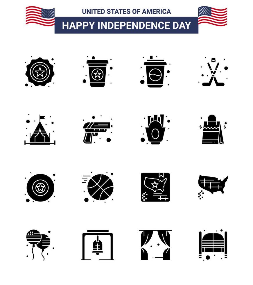 Modern Set of 16 Solid Glyphs and symbols on USA Independence Day such as tent camp cola sport hokey Editable USA Day Vector Design Elements