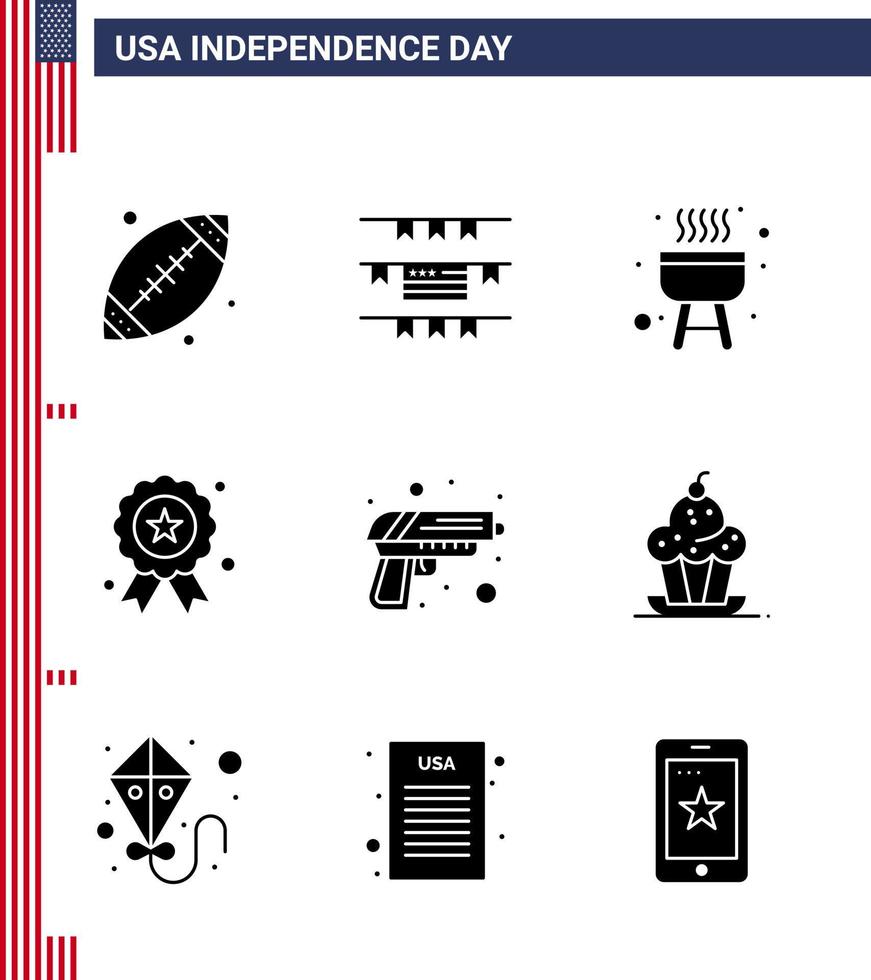 paquete de iconos de vector de stock de día americano 9 signos y símbolos de línea para seguridad de armas pistola de barbacoa día de la independencia elementos de diseño de vector de día de estados unidos editables