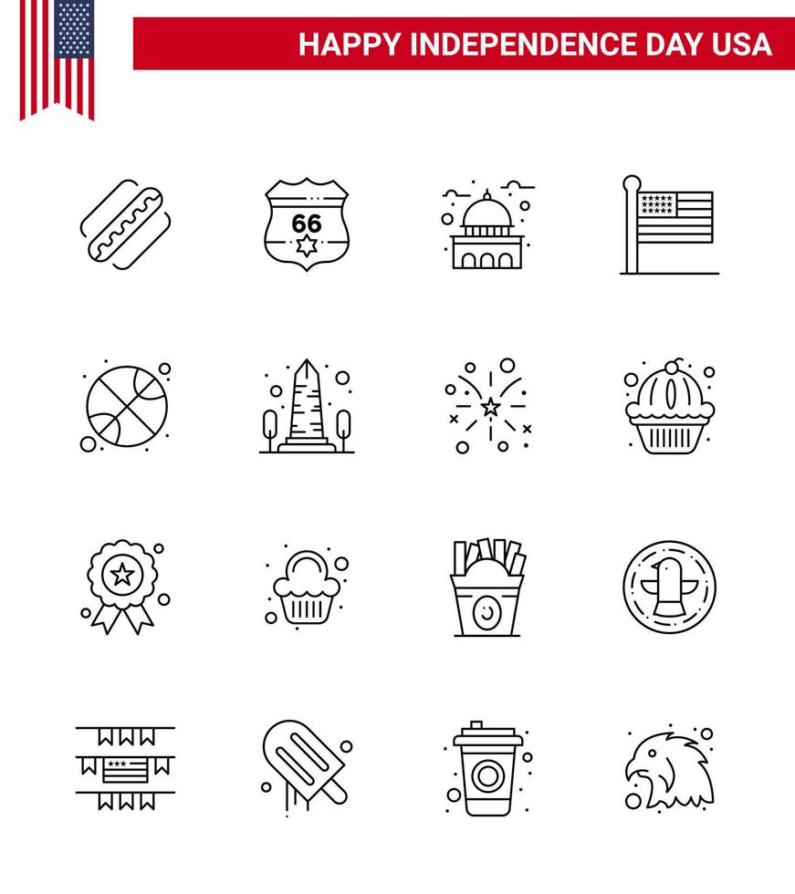 conjunto de líneas del día de la independencia de estados unidos de 16 pictogramas de estados unidos de baloncesto estados de construcción unidos elementos de diseño de vector de día de estados unidos editables en blanco