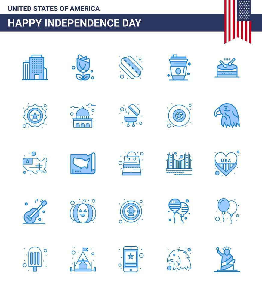 25 paquete azul de estados unidos de signos y símbolos del día de la independencia del instrumento de desfile jugo de tambor de perrito caliente elementos de diseño vectorial editables del día de estados unidos vector