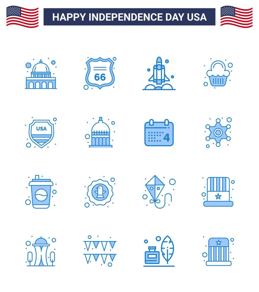 16 signos azules de estados unidos celebración del día de la independencia símbolos de seguridad fiesta de lanzamiento dulce estados unidos elementos de diseño de vector de día de estados unidos editables